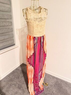 Lace Bodice Boho Maxi Dress in Cream & Bright Pink